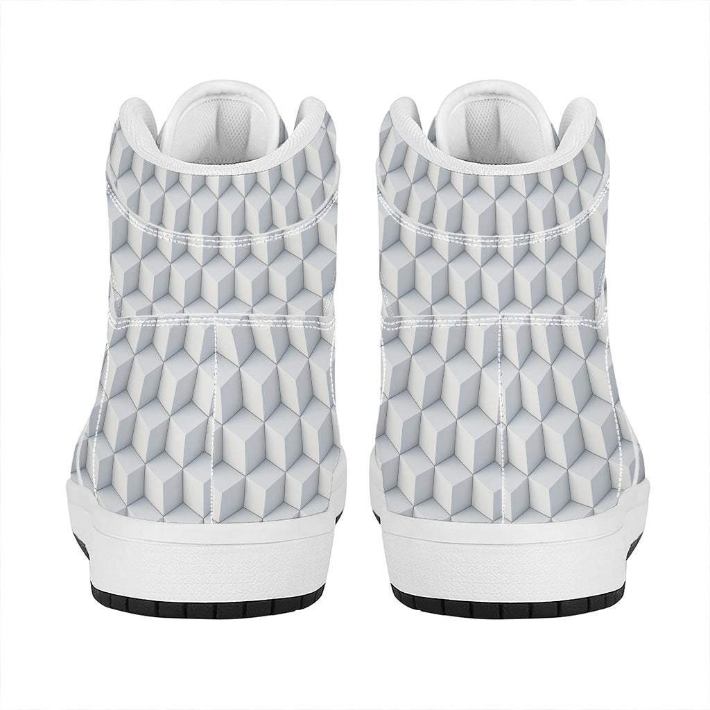 White Geometric Cube Shape Pattern Print High Top Leather Sneakers