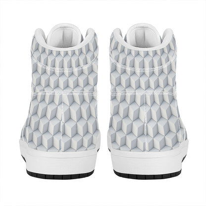 White Geometric Cube Shape Pattern Print High Top Leather Sneakers