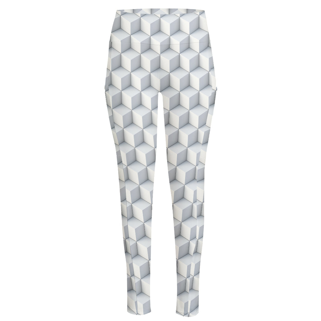 White Geometric Cube Shape Pattern Print High-Waisted Pocket Leggings