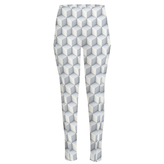 White Geometric Cube Shape Pattern Print High-Waisted Pocket Leggings