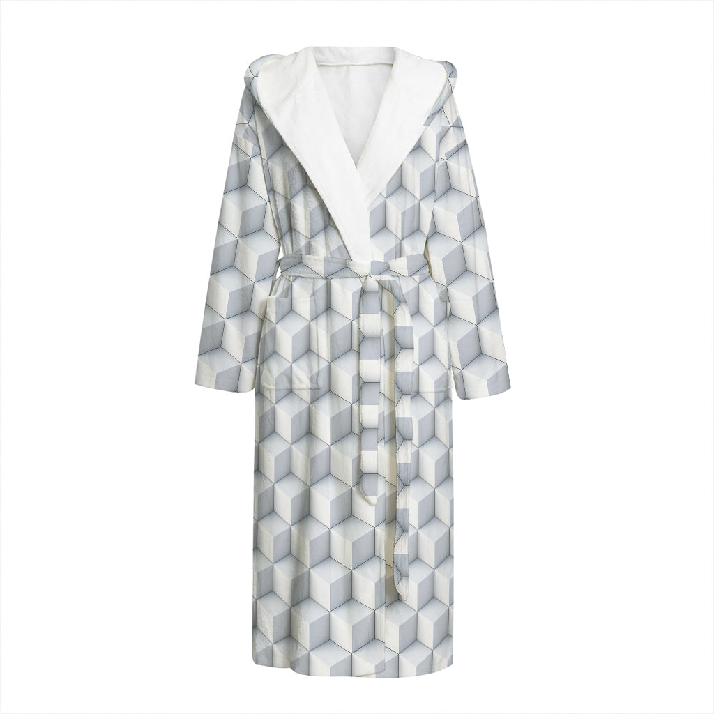White Geometric Cube Shape Pattern Print Hooded Bathrobe