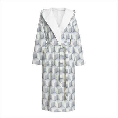 White Geometric Cube Shape Pattern Print Hooded Bathrobe