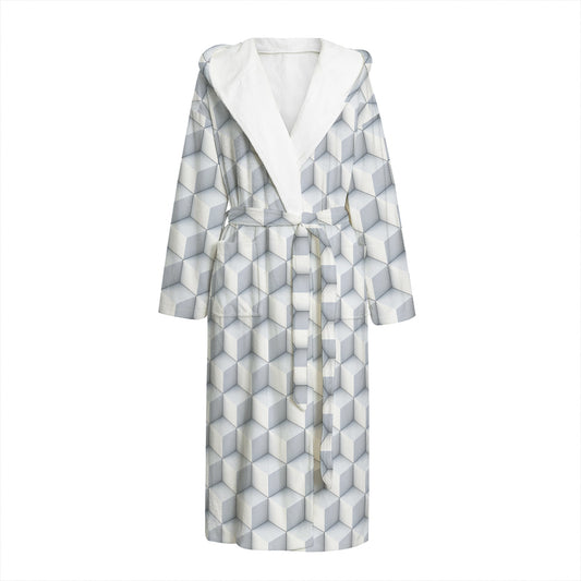 White Geometric Cube Shape Pattern Print Hooded Bathrobe