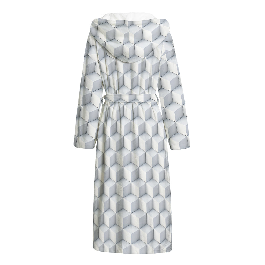 White Geometric Cube Shape Pattern Print Hooded Bathrobe