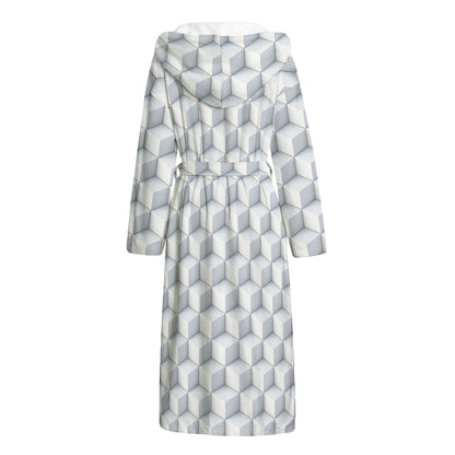 White Geometric Cube Shape Pattern Print Hooded Bathrobe