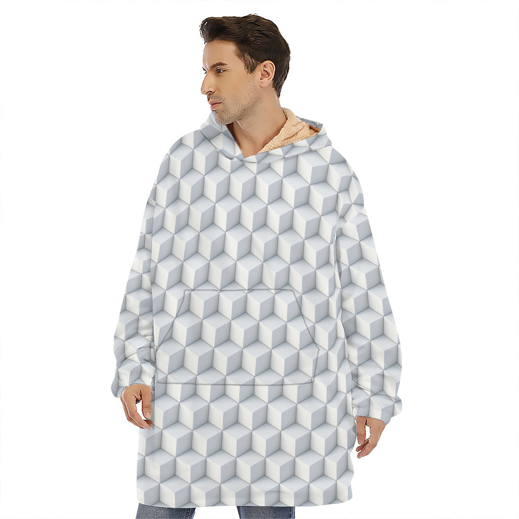 White Geometric Cube Shape Pattern Print Hoodie Blanket