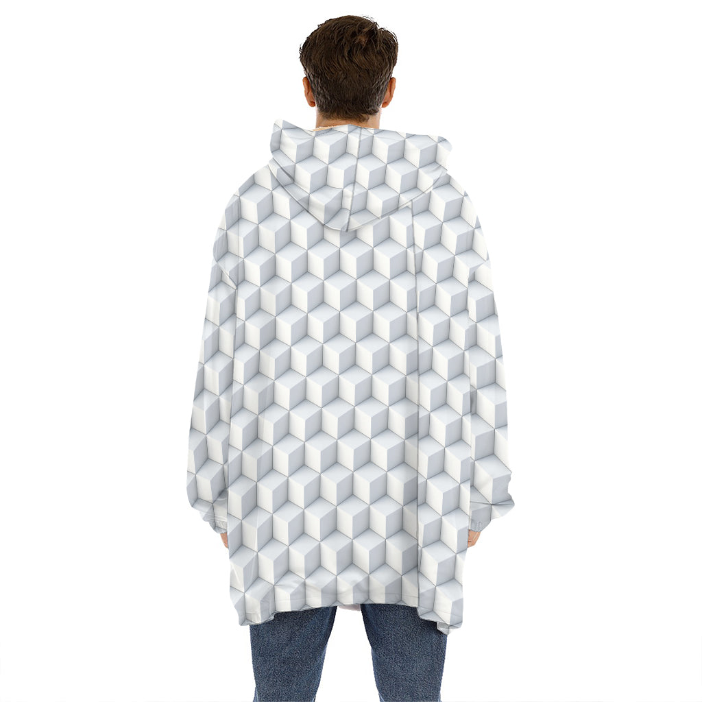 White Geometric Cube Shape Pattern Print Hoodie Blanket