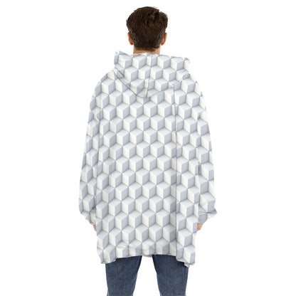 White Geometric Cube Shape Pattern Print Hoodie Blanket