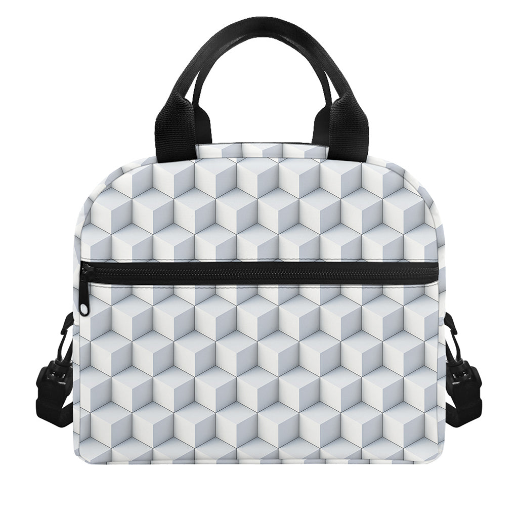 White Geometric Cube Shape Pattern Print Insulated Lunch Bag