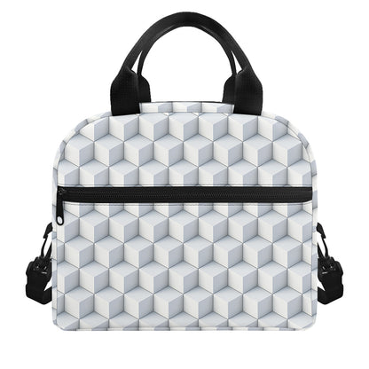 White Geometric Cube Shape Pattern Print Insulated Lunch Bag