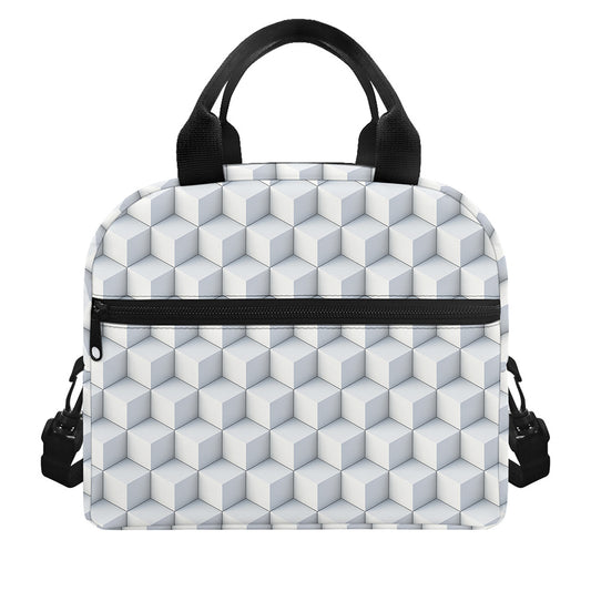 White Geometric Cube Shape Pattern Print Insulated Lunch Bag