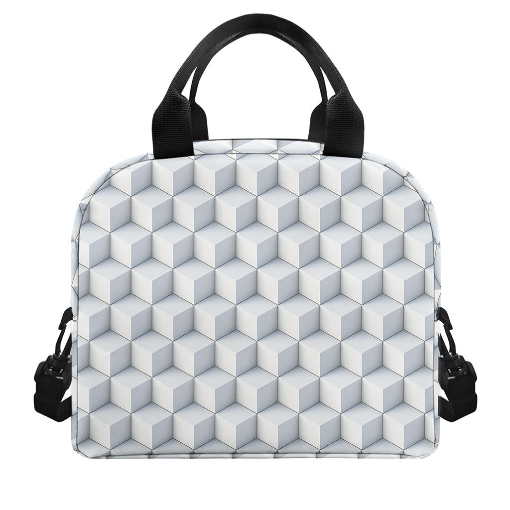 White Geometric Cube Shape Pattern Print Insulated Lunch Bag