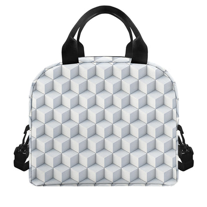White Geometric Cube Shape Pattern Print Insulated Lunch Bag