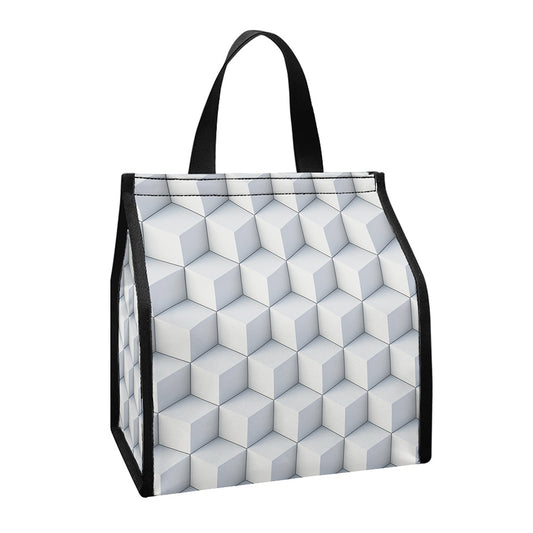White Geometric Cube Shape Pattern Print Insulated Lunch Tote