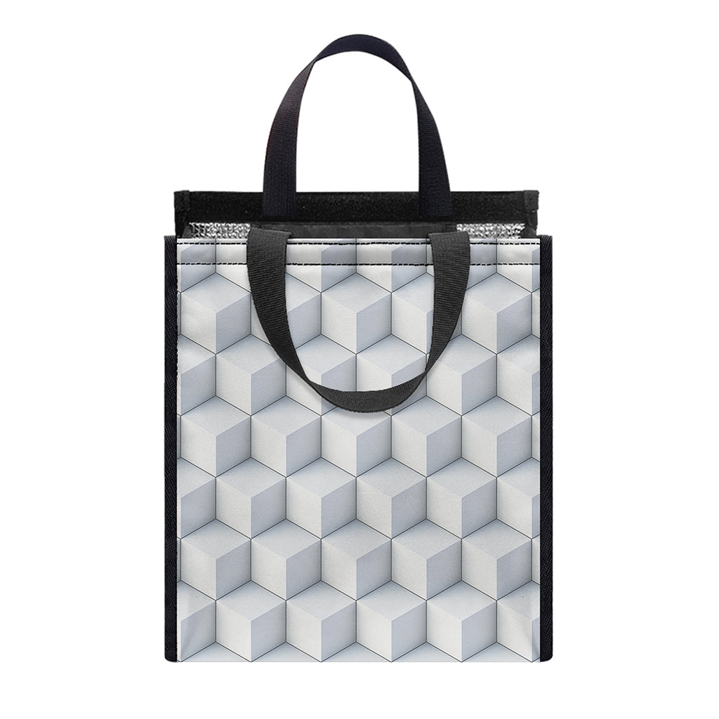 White Geometric Cube Shape Pattern Print Insulated Lunch Tote