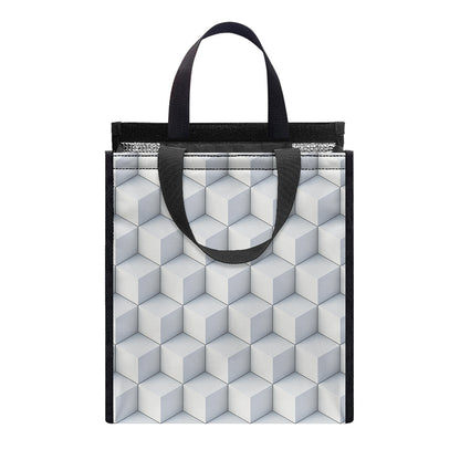 White Geometric Cube Shape Pattern Print Insulated Lunch Tote