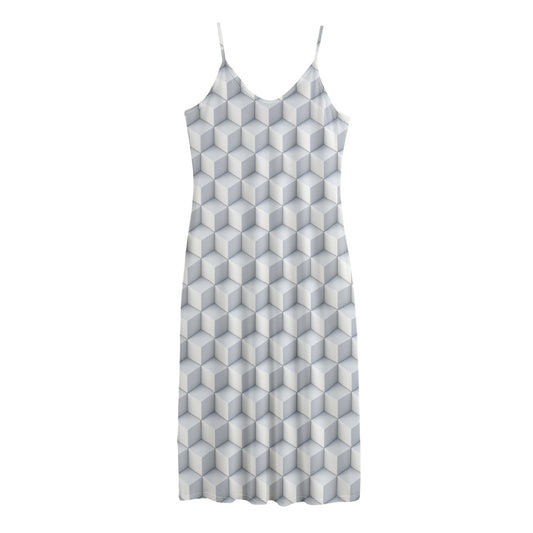 White Geometric Cube Shape Pattern Print Jersey Midi Cami Dress