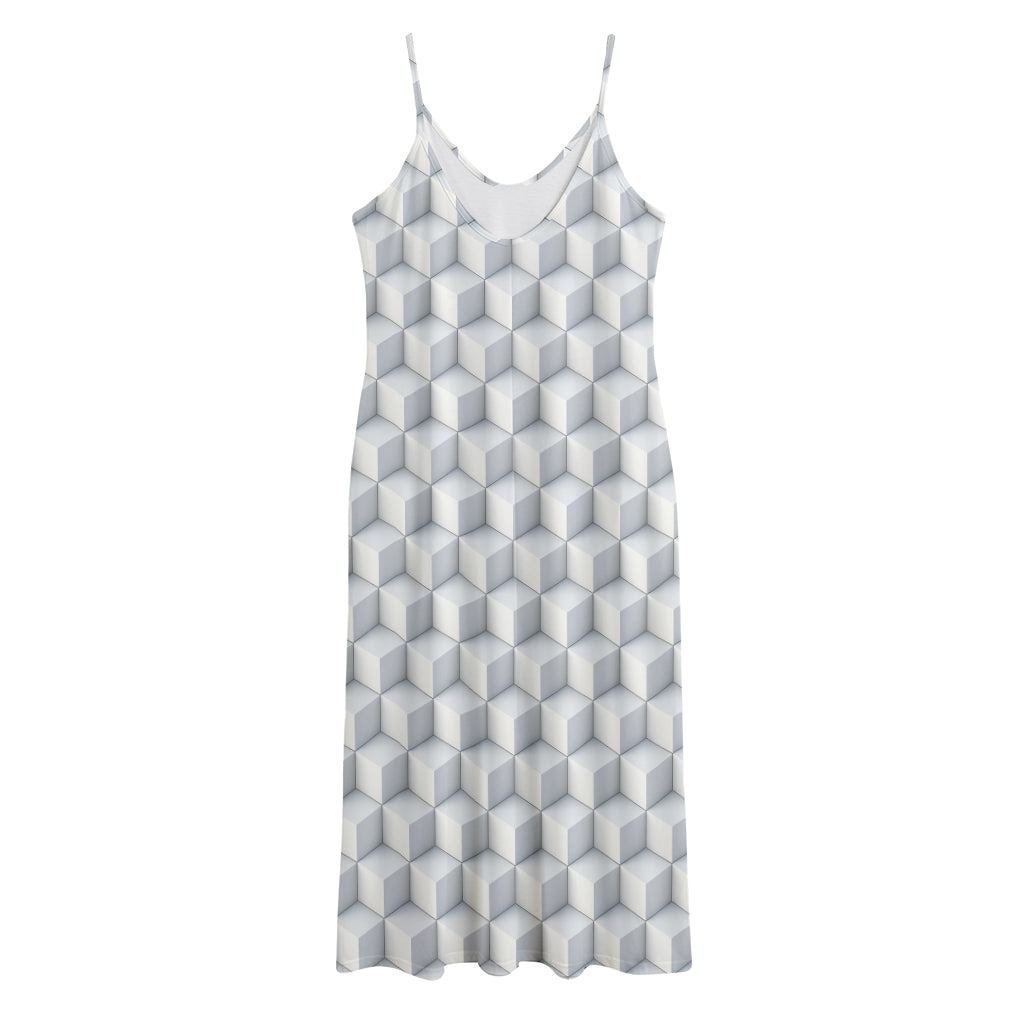 White Geometric Cube Shape Pattern Print Jersey Midi Cami Dress