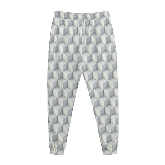 White Geometric Cube Shape Pattern Print Jogger Pants