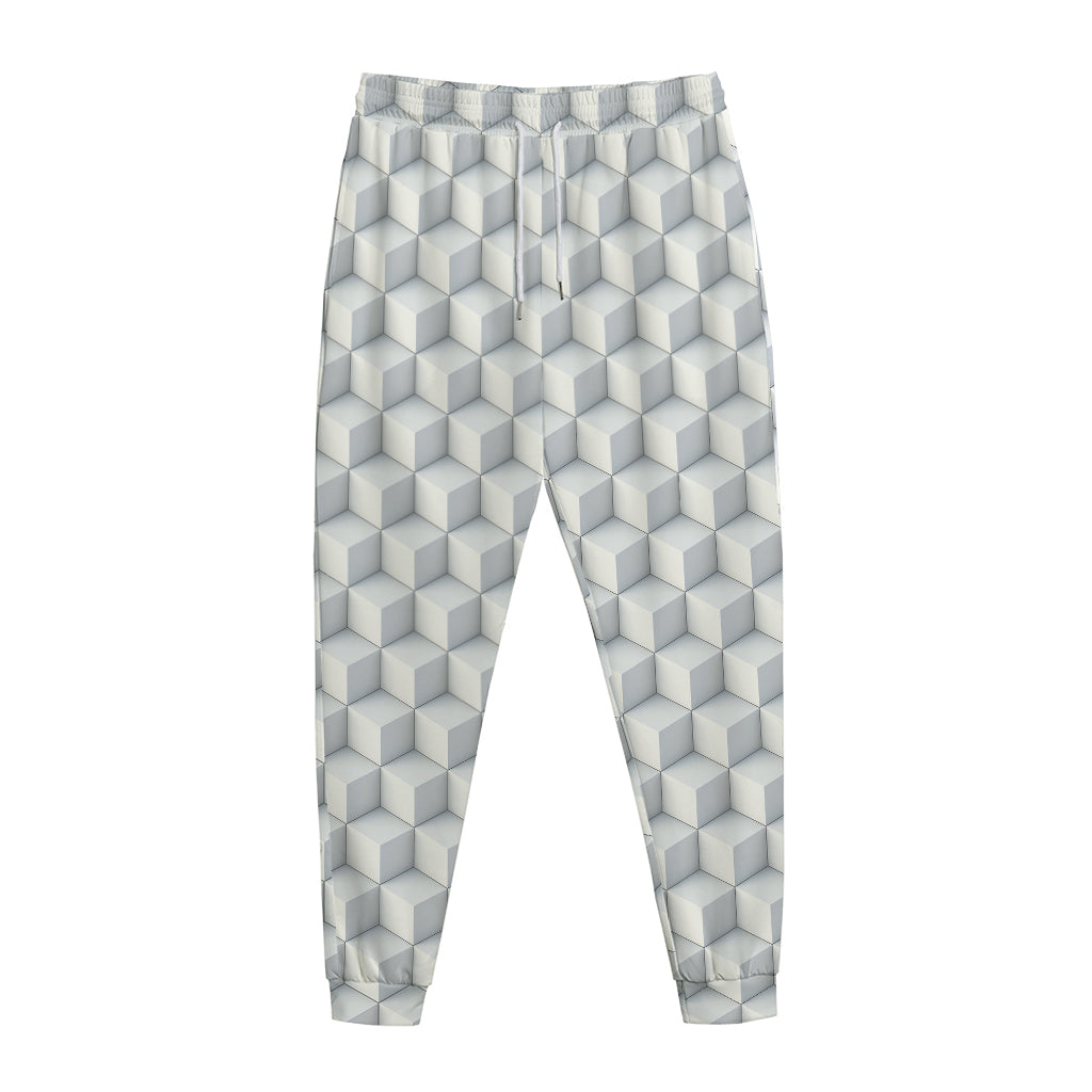 White Geometric Cube Shape Pattern Print Jogger Pants