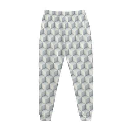 White Geometric Cube Shape Pattern Print Jogger Pants