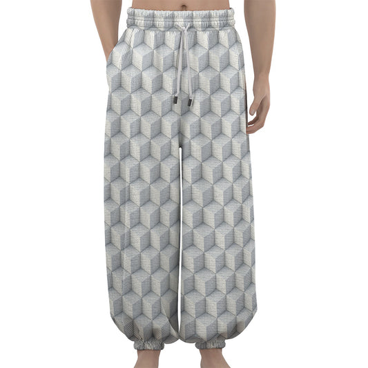 White Geometric Cube Shape Pattern Print Lantern Pants