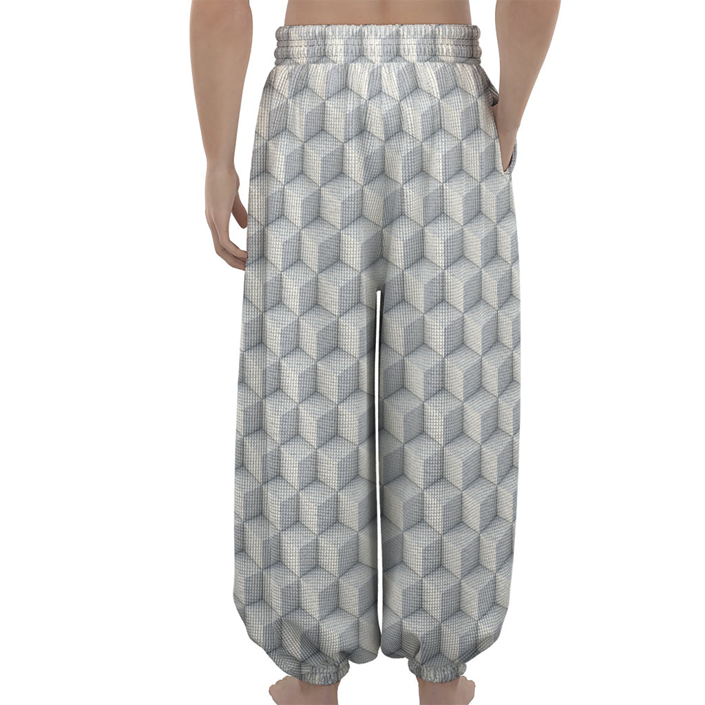 White Geometric Cube Shape Pattern Print Lantern Pants