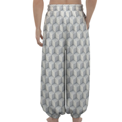 White Geometric Cube Shape Pattern Print Lantern Pants