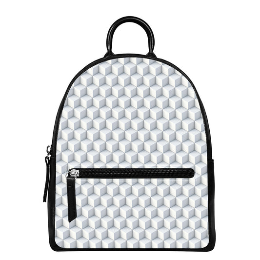 White Geometric Cube Shape Pattern Print Leather Backpack