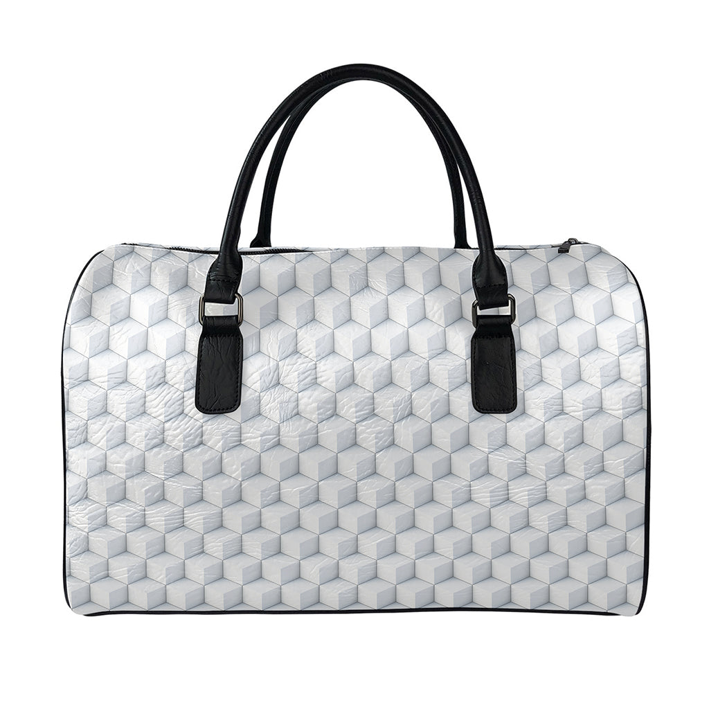 White Geometric Cube Shape Pattern Print Leather Duffle Bag
