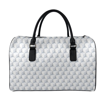 White Geometric Cube Shape Pattern Print Leather Duffle Bag