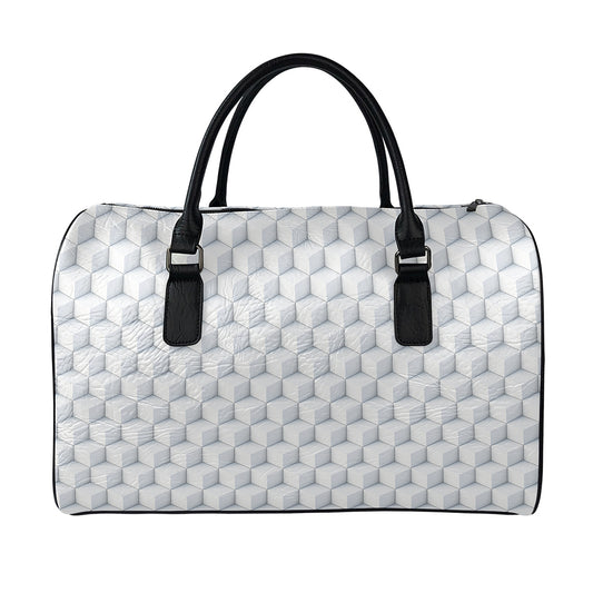 White Geometric Cube Shape Pattern Print Leather Duffle Bag