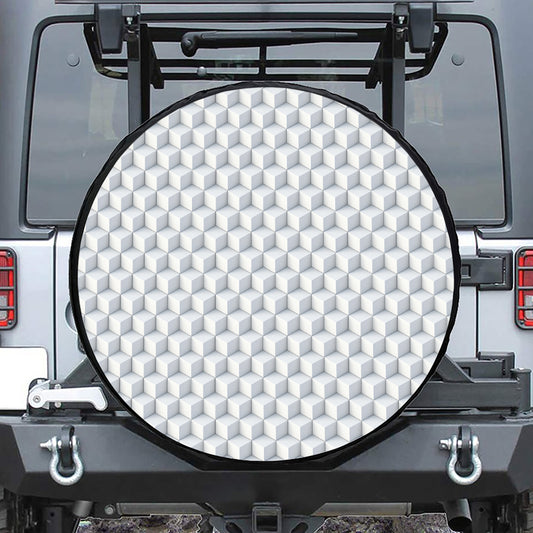 White Geometric Cube Shape Pattern Print Leather Spare Tire Cover
