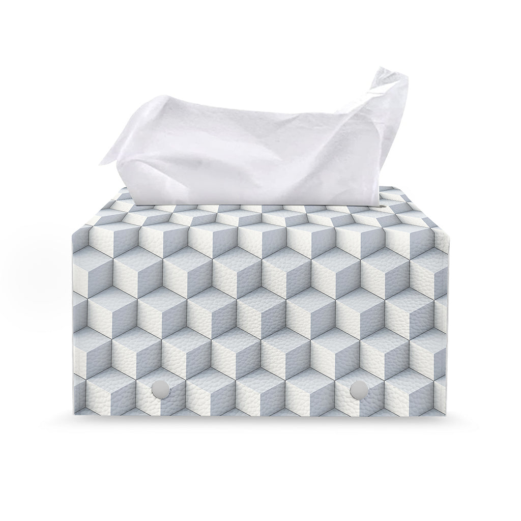 White Geometric Cube Shape Pattern Print Leather Tissue Box Cover