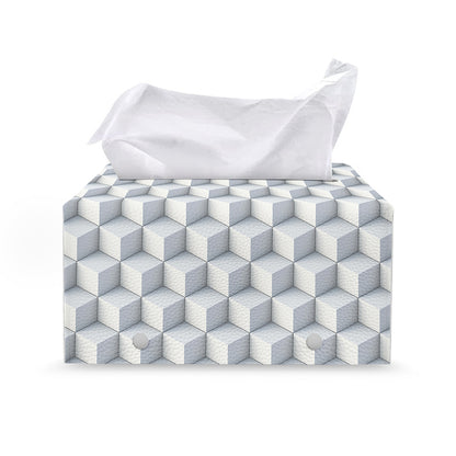 White Geometric Cube Shape Pattern Print Leather Tissue Box Cover