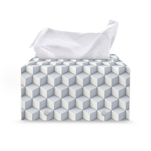 White Geometric Cube Shape Pattern Print Leather Tissue Box Cover
