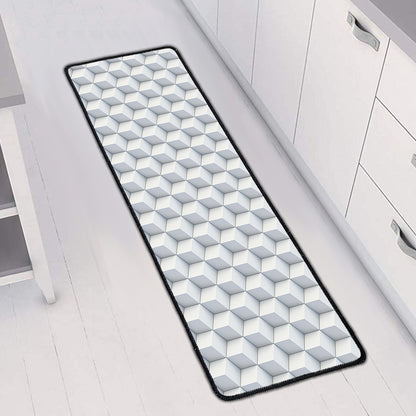 White Geometric Cube Shape Pattern Print Long Kitchen Mat