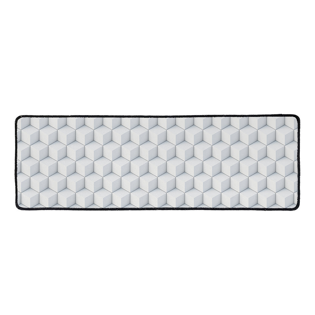 White Geometric Cube Shape Pattern Print Long Kitchen Mat
