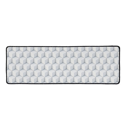 White Geometric Cube Shape Pattern Print Long Kitchen Mat