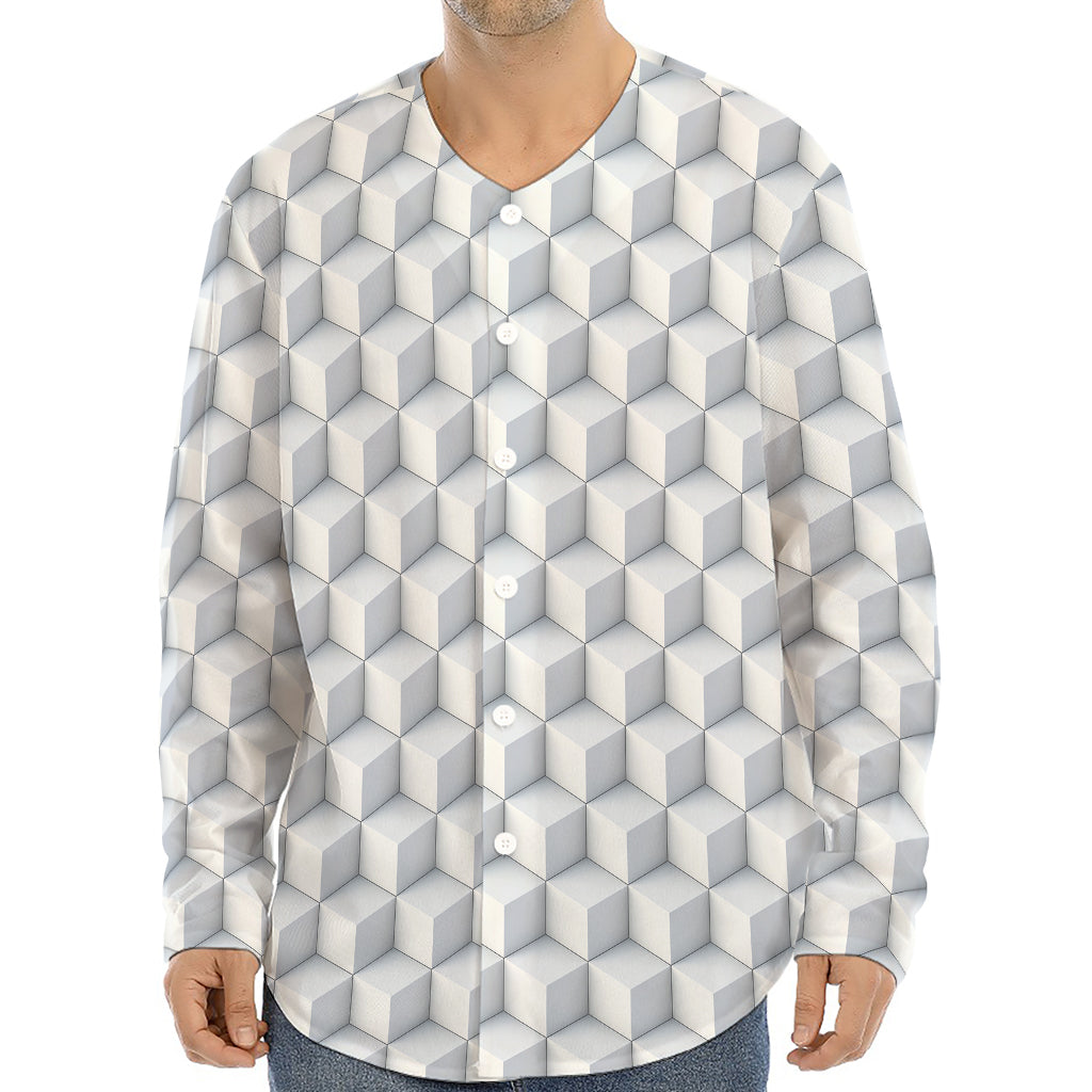 White Geometric Cube Shape Pattern Print Long Sleeve Baseball Jersey