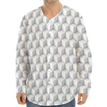 White Geometric Cube Shape Pattern Print Long Sleeve Baseball Jersey