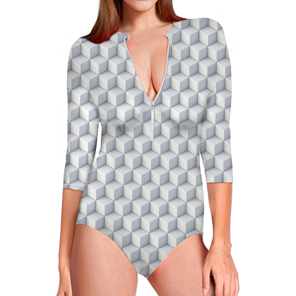 White Geometric Cube Shape Pattern Print Long Sleeve Swimsuit