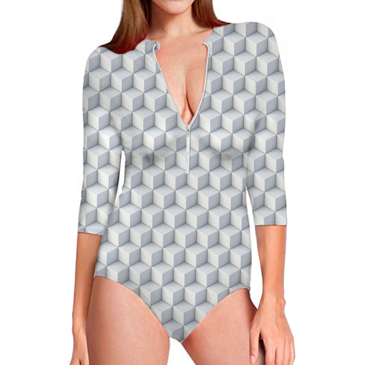 White Geometric Cube Shape Pattern Print Long Sleeve Swimsuit