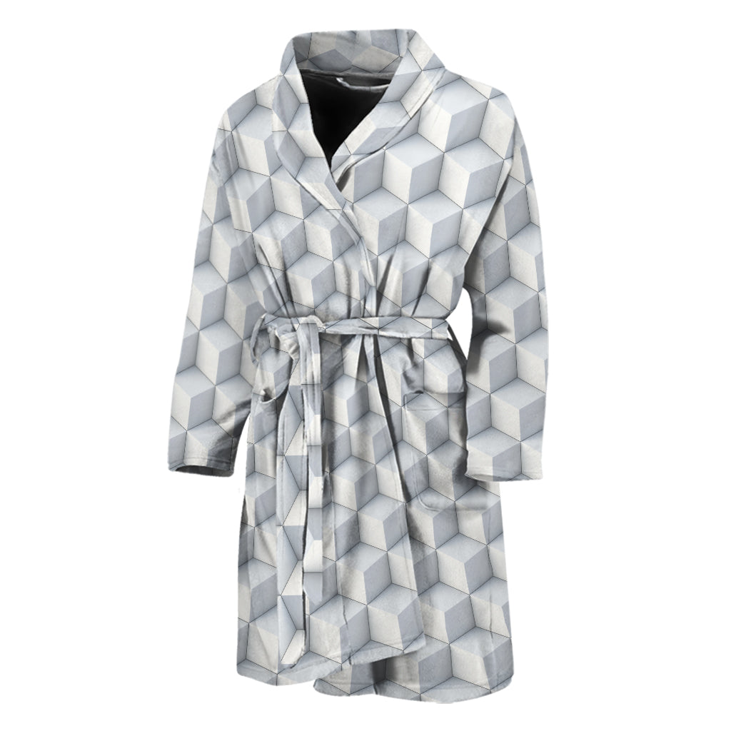White Geometric Cube Shape Pattern Print Men's Bathrobe