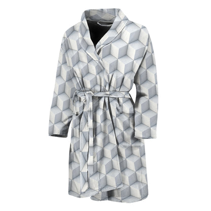 White Geometric Cube Shape Pattern Print Men's Bathrobe