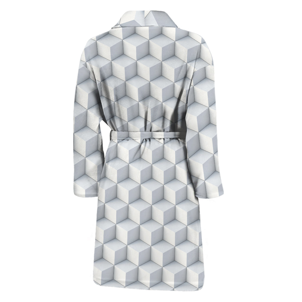 White Geometric Cube Shape Pattern Print Men's Bathrobe