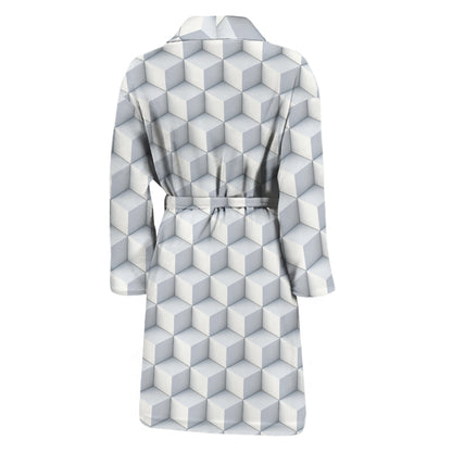 White Geometric Cube Shape Pattern Print Men's Bathrobe
