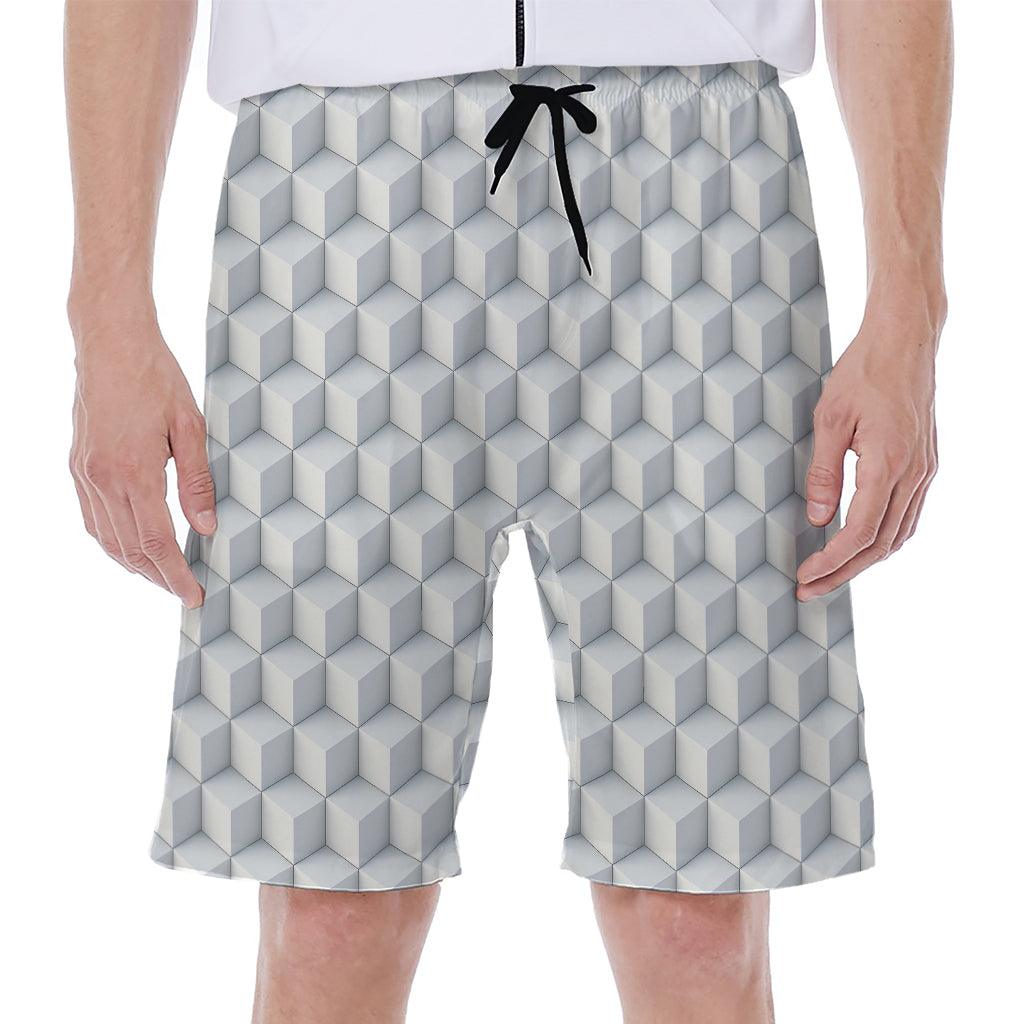 White Geometric Cube Shape Pattern Print Men's Beach Shorts