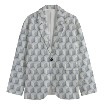 White Geometric Cube Shape Pattern Print Men's Blazer