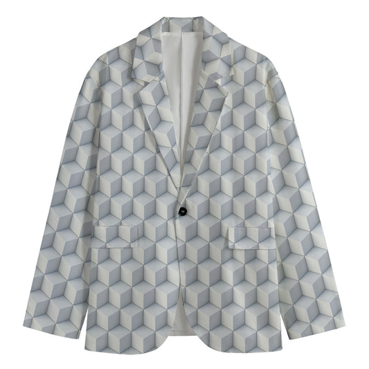 White Geometric Cube Shape Pattern Print Men's Blazer